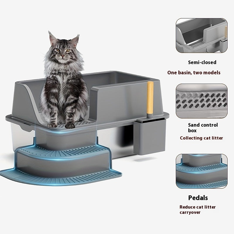 Oversized Semi-Closed Stainless Steel Cat Litter Box